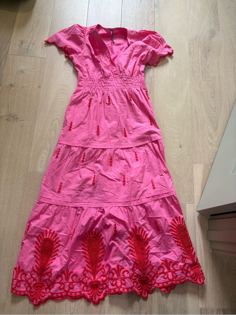 Anthropologie Pink Maxi Dress with Red Embroidered Trim